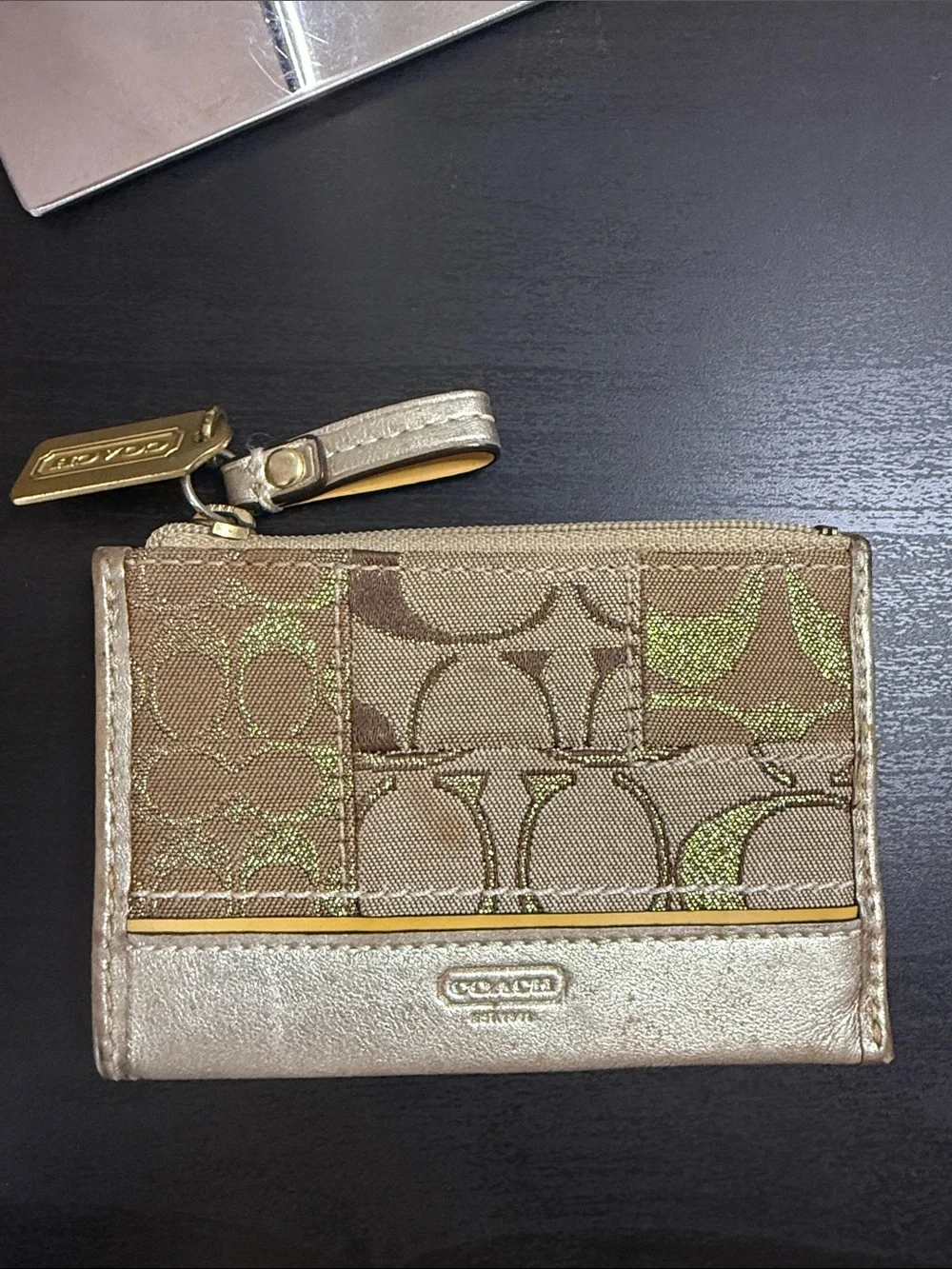Coach Brown and Metallic Gold Signature Card Wallet with Limited Edition Tag